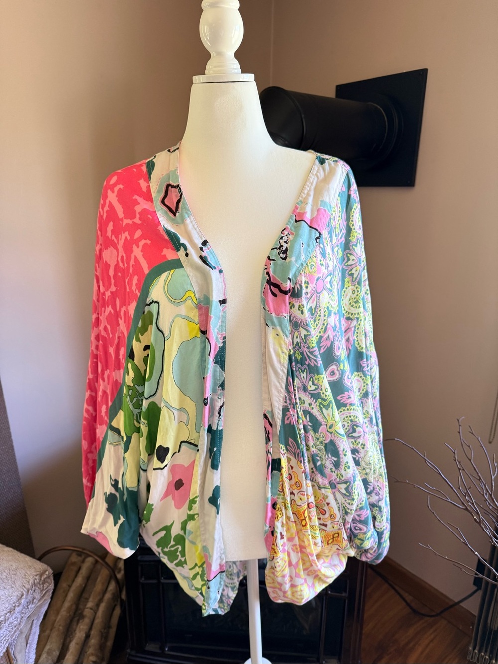 Anthropologie Green and Pink Floral Open Cardigan
